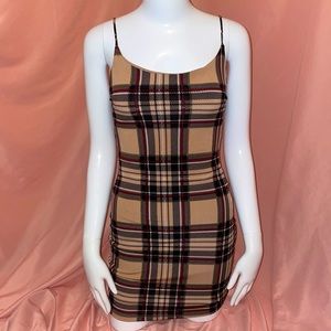 Lovely Day Junior Women's Dress, Plaid Brown Spaghetti Strap EUC Stretchy, Small